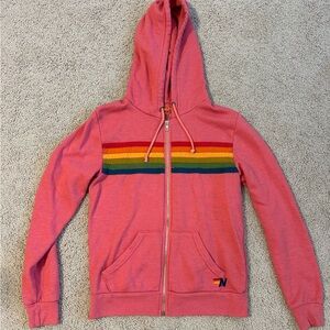 Aviator Nation Pink Zip Hoodie with Rainbow Chest Stripes